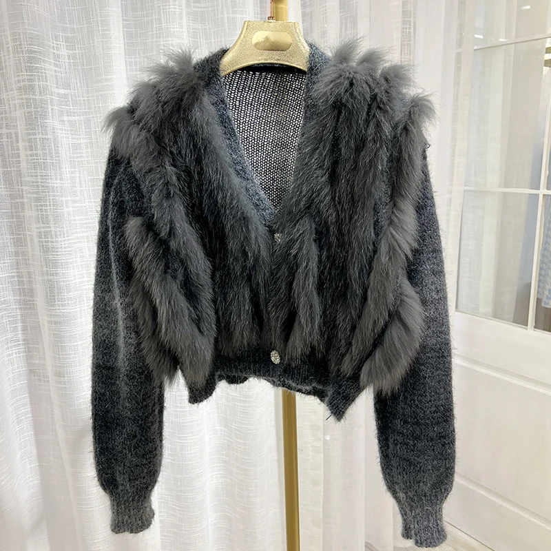 2023 Autumn Real Fox Fur Oversize Women Coat Loose Spring Fox Fur Strip Sewed Toghter Decoration Sweater Outerwear Female Coats