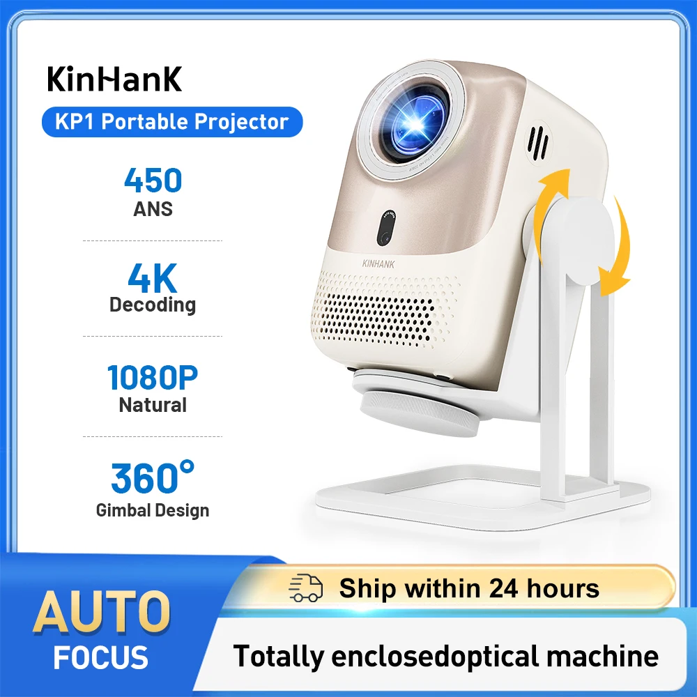 KINHANK 4K Portable Outdoor Movie Projector Auto Focus Native 1080P 450 ANSI Wifi 6 Android OS with Netflix Smart Home Projector