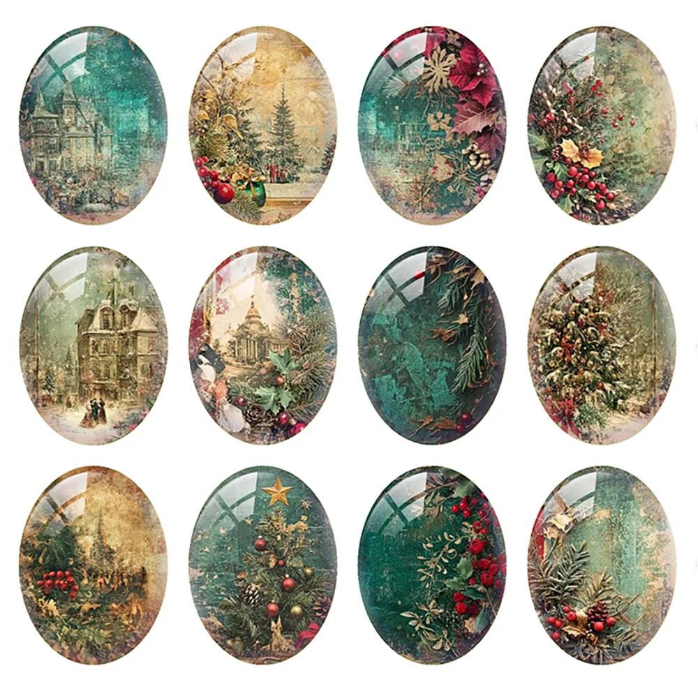 

10 шт./лот, Рождественская рождественская елка в стиле ретро, зимний снежный цветок, овальная фотография, стеклянный кабошон с плоской задней частью, демонстрационная камея, изготовление ювелирных изделий своими руками