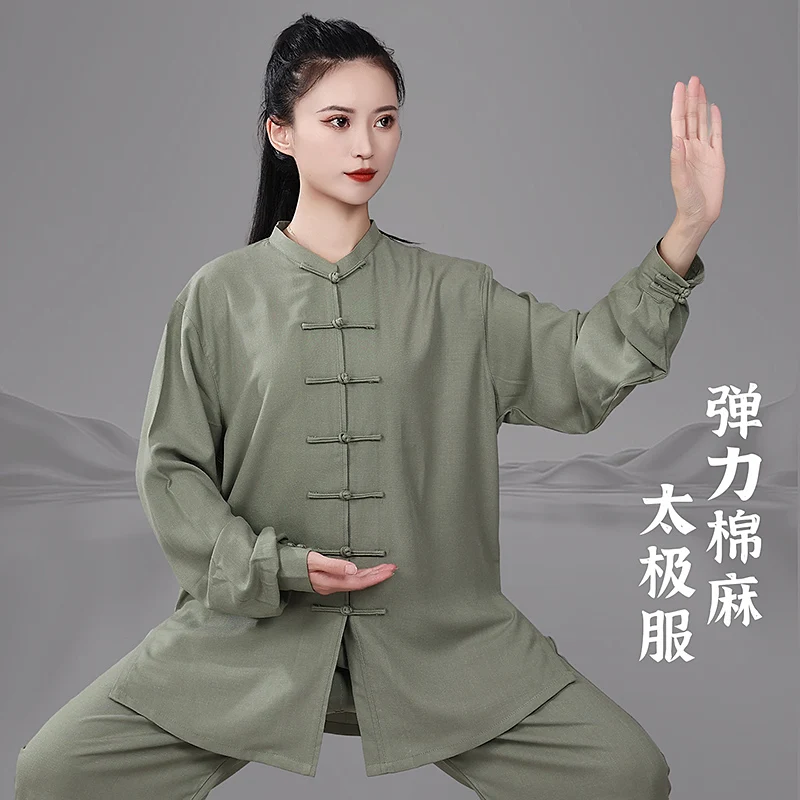 Unisex Low Collar Stretch Cotton Linen Tai Chi Suit - Breathable Spring Autumn Martial Arts Practice Morning Exercise Casual Set