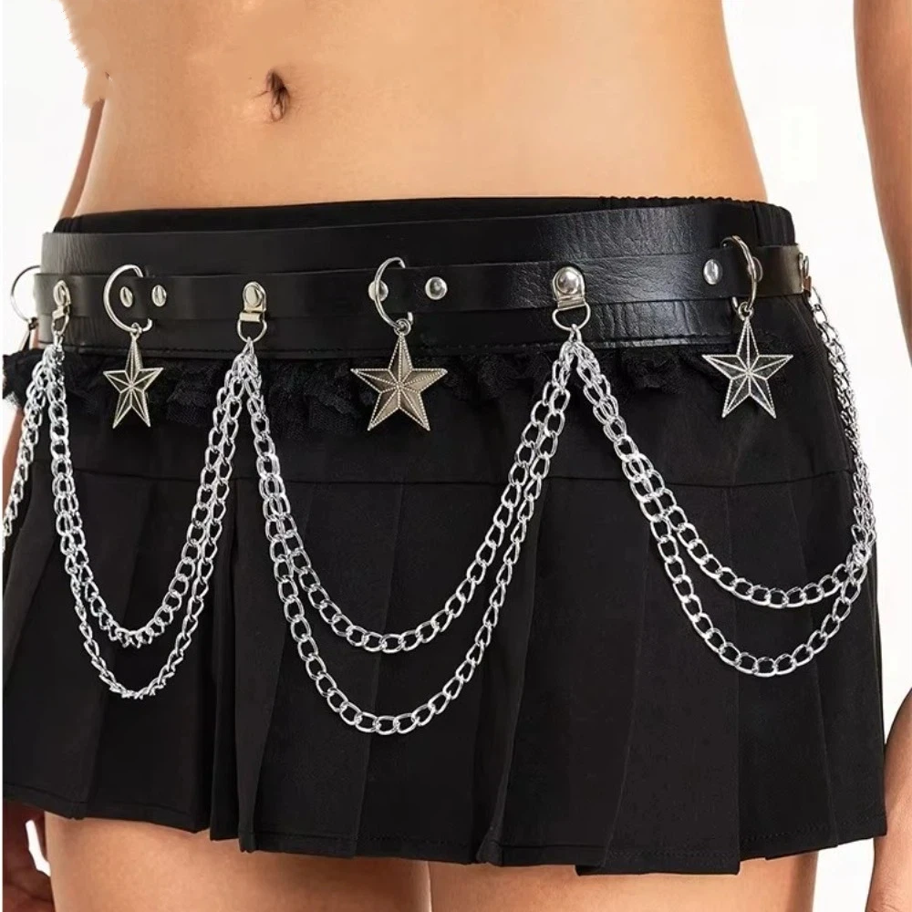 패션 더블 레이어 체인 벨트 레이스업 싱글 브레스티드 허리 체인 버튼홀 스타 장식 코르셋 벨트 펑크 스타일