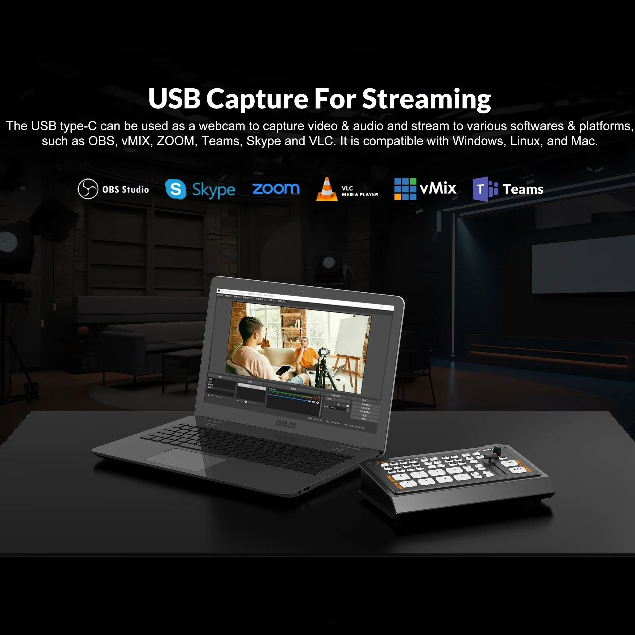 AVMATRIX-Shark H4 HDMI Streaming Video Switcher com Mixer Áudio, Live Video Shooting e Gravação Streaming Streaming, USK e DSK