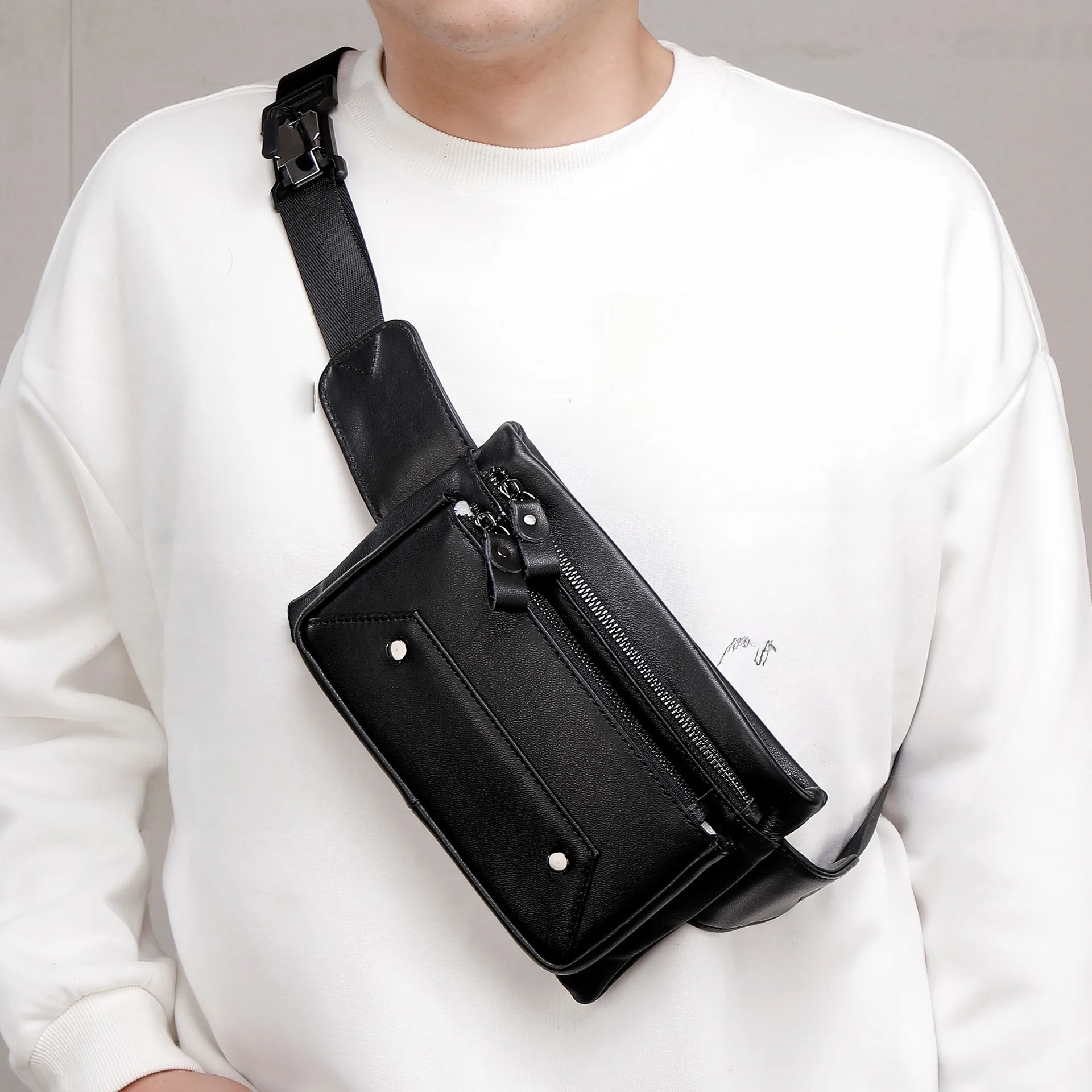 Top Grain Leather Mens Waist Bag Crossbody Chest Pack Phone Holder Multi-Pocket Vintage Style Luxury Minimalist Belt Bag