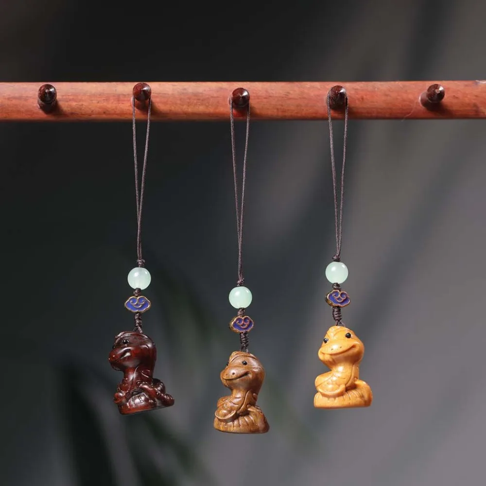 Statue Mini Zodiac Snake Dolls Auspicious Beads New Year Carved Pendant Phone Chain Cute Green Sandalwood Ornament Couple