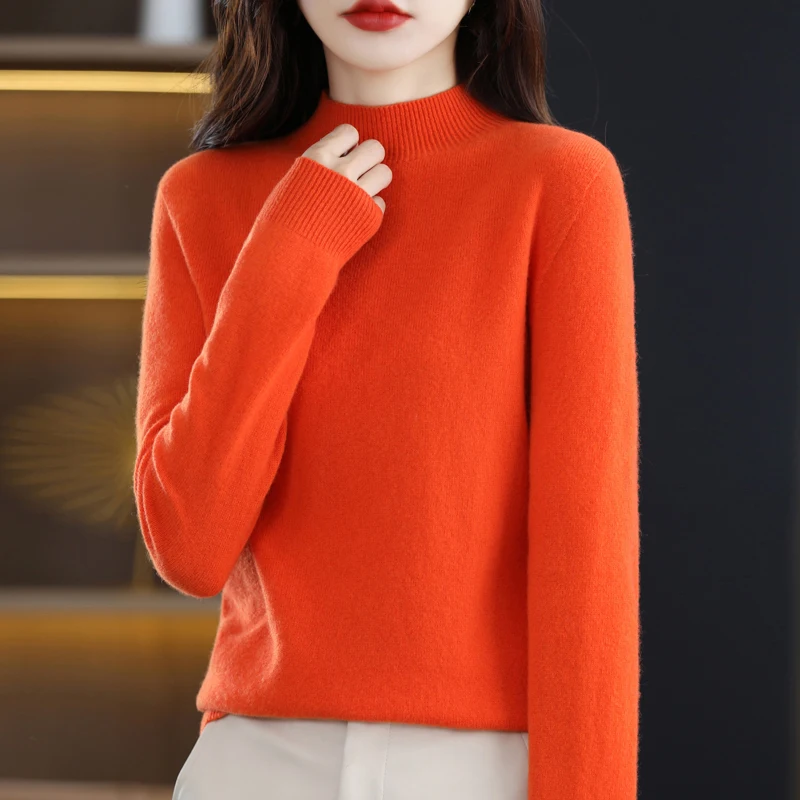 100%Merino Wool Sweater Women Autumn Long Sleeve Mock Neck Warm Soft Cashmere Pullovers Basic Bottom Sewn Knitwear Jumpers