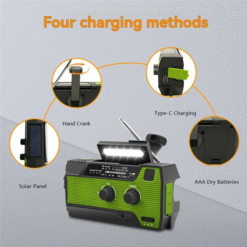 

Emergency Weather Radio FM/AM/NOAA,Portable Hand Crank Radio,Flashlight ,Solar Powered 4000Mah For Outdoor Camping