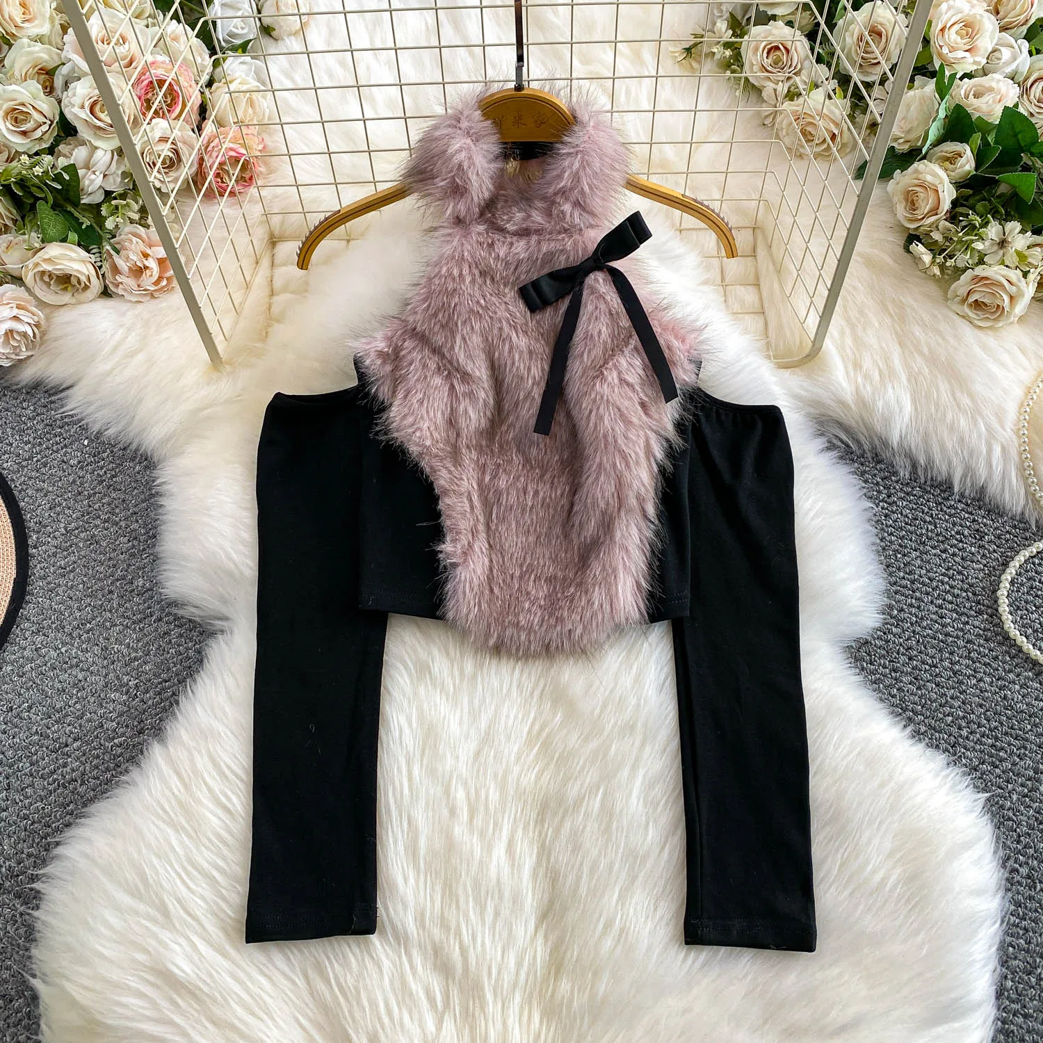 

Женские зимние топы с лямкой на шее из искусственного меха, рубашки женские, рождественские, рождественские, праздничные, вечерние пуловеры, модные Y2K Ins Chic Night Hotsweet топы