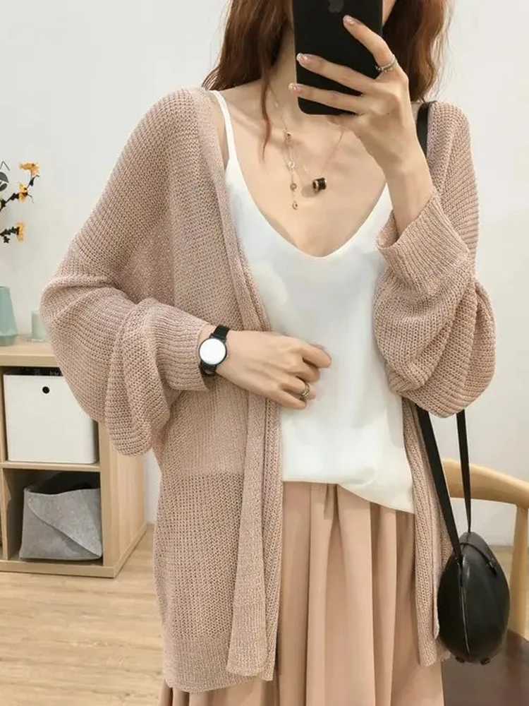 Thin Ice Silk Sunscreen Knitted Coat Loose Casual Hollow Out Cardigan Female Summer Basic Elegant Korean Knitewear Tops New