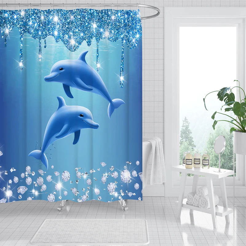 YOMDID 1/4pcs Shining Diamond Dolphin Printed Shower Curtain Set Shower Curtain With Hooks Blue Decorative Bathroom Curtain