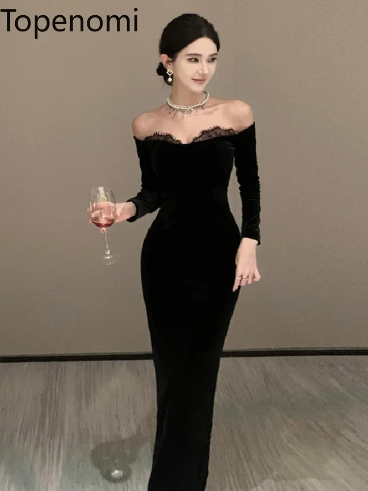 Topenomi Black Velvet Evening Dress Women Vintage Patchwork Lace Boat Neck Long Sleeve Waist Slim Cocktail Party Vestidos Robe