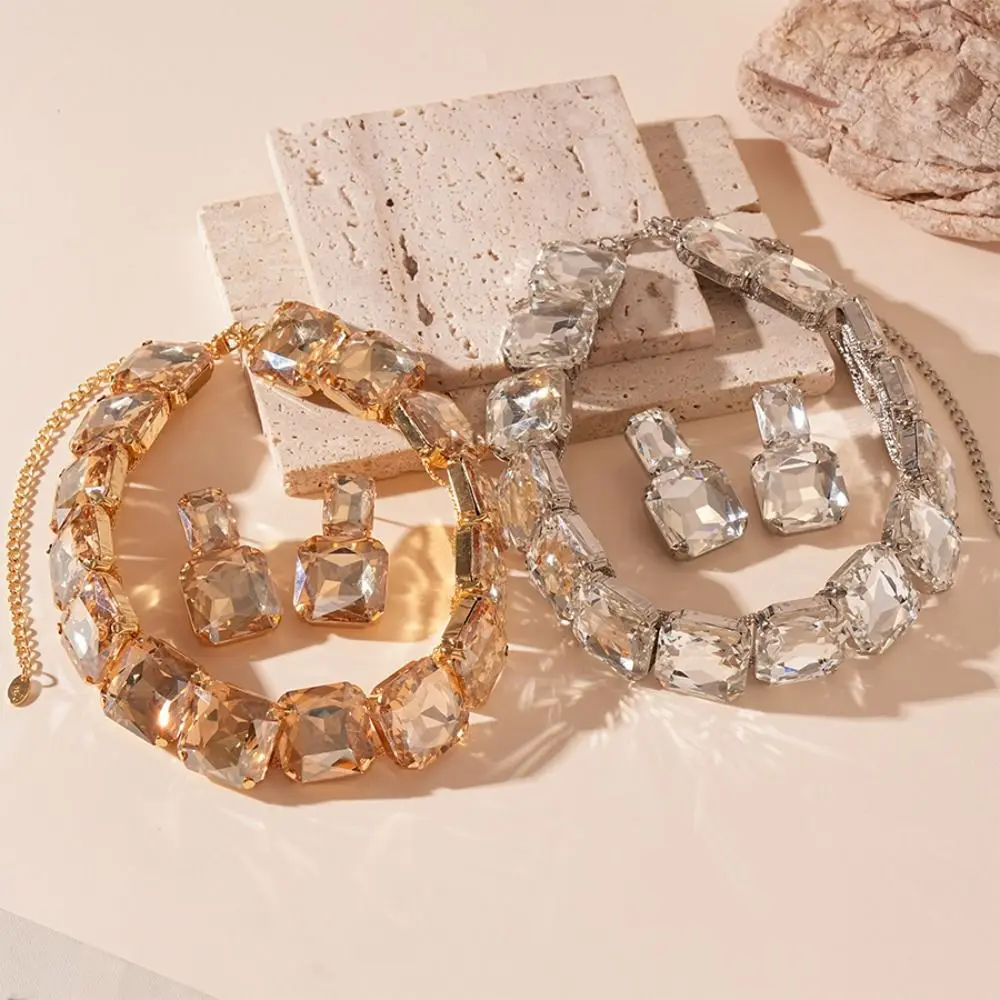 Korean Style Square Crystal Jewelry Set Multifunction Neckchain Rhinestone Tassel Earring Earrings Necklace Sparkling Necklace