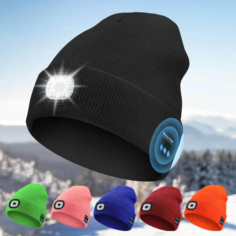 

Wireless bluetooth headset LED luminous light cap outdoor thermal lighting knitted cap