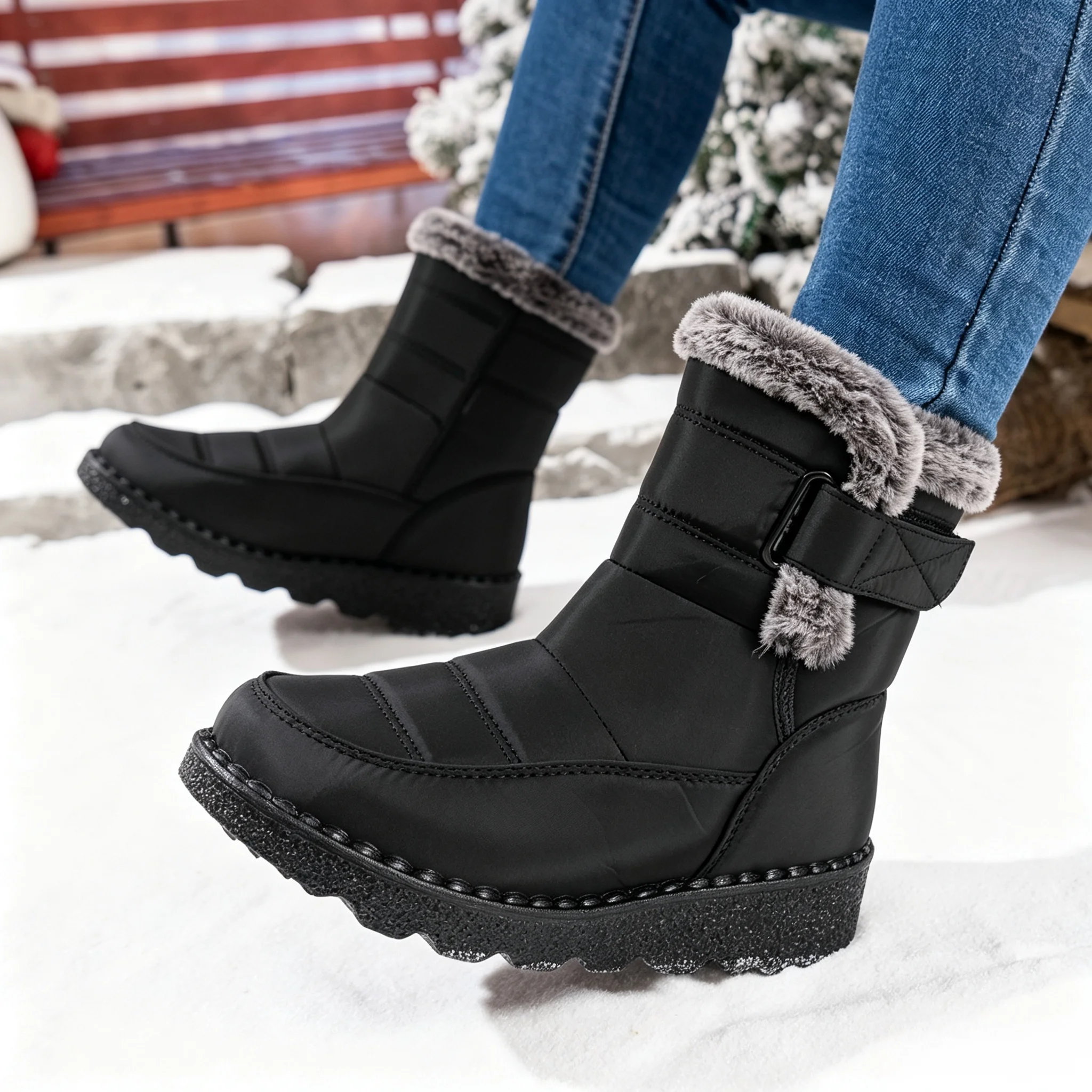 Damen Winter Pelzige Plateau-Schneestiefel 2026 Trend Wadenlange Winterstiefel Wasserdicht Rutschfest mit Schnalle Warm Flauschig Outdoor – Detail 2