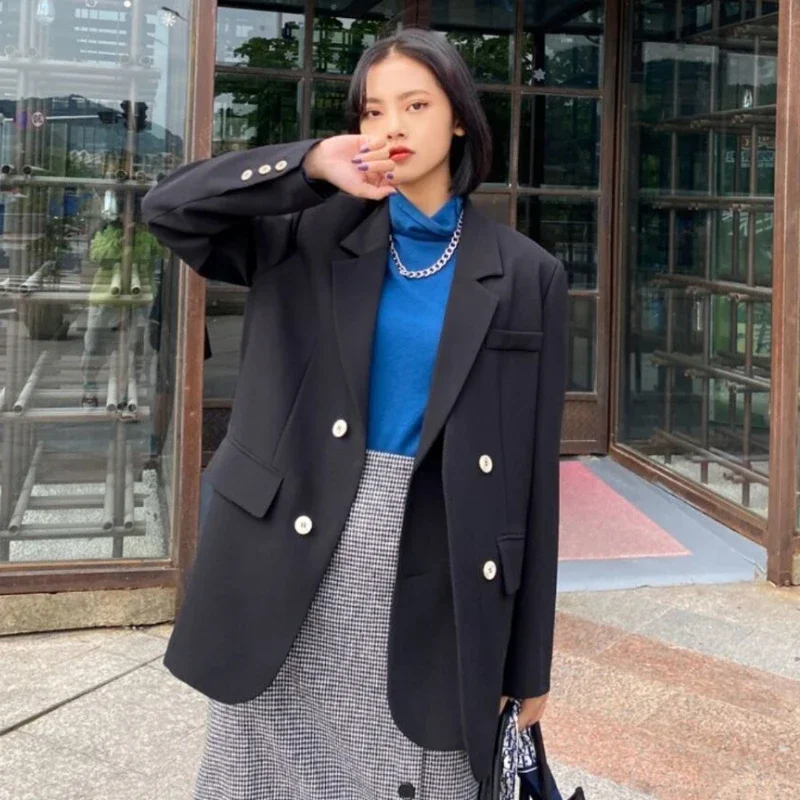 

Блейзеры женские модные темпераментные повседневные с зубчатым воротником двубортные карманы с длинными рукавами уличная одежда однотонные крутые девушки Ulzzang