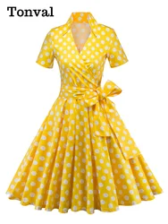 Tonval-Women's Retro Polka Dot Dress, Yellow Dress, Short Sleeve, V Neck, Belted, A Line, Summer Party, 50s Vintage Dresses