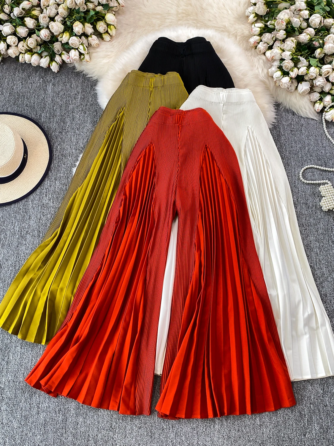 

Женские модные брюки с высокой талией, плиссированные, расклешенные, на резинке, летние, повседневные, свободные, широкие, в корейском стиле, с простым узором