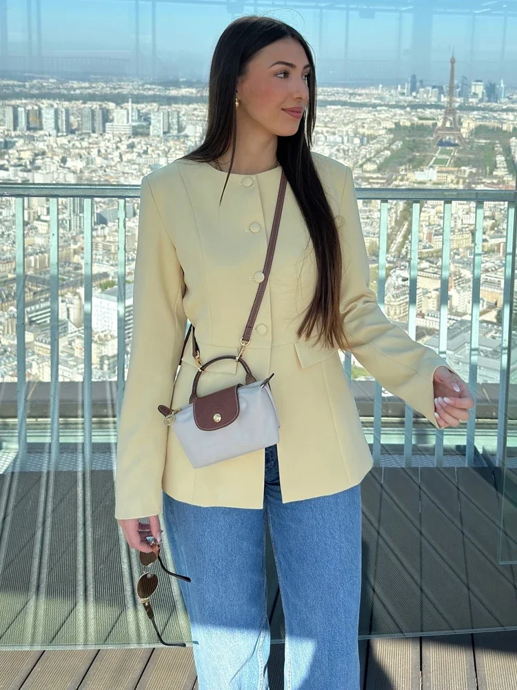 

2026 Elegant Yellow Slim Blazer Jacket Women Office Lady Streetwear Coat Single Breasted Long Sleeve O Neck
