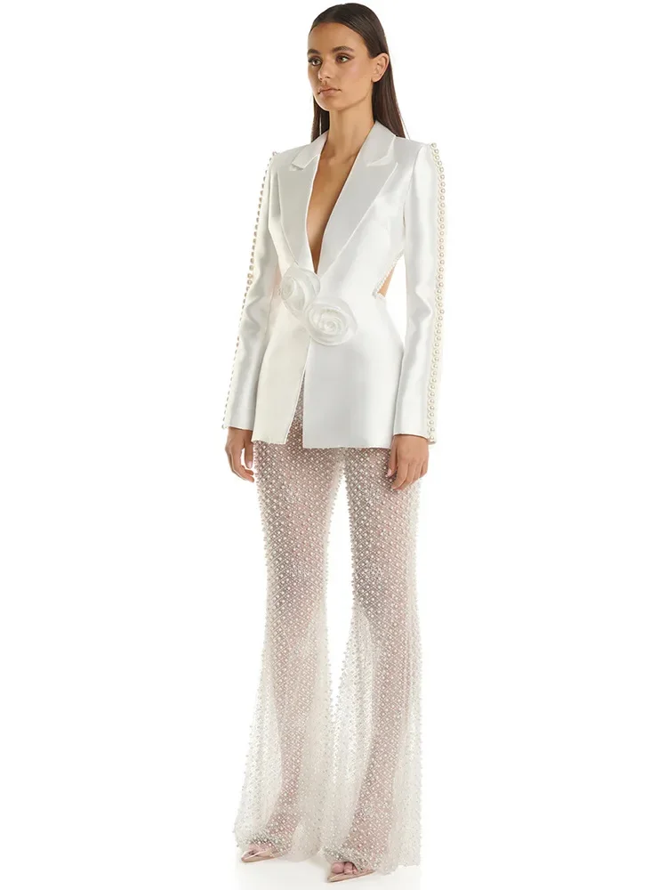 Perle Formal Women Pant Suit Set Flower Blazer Jacket See Through pantaloni donna Business Work Wear cappotto a maniche lunghe