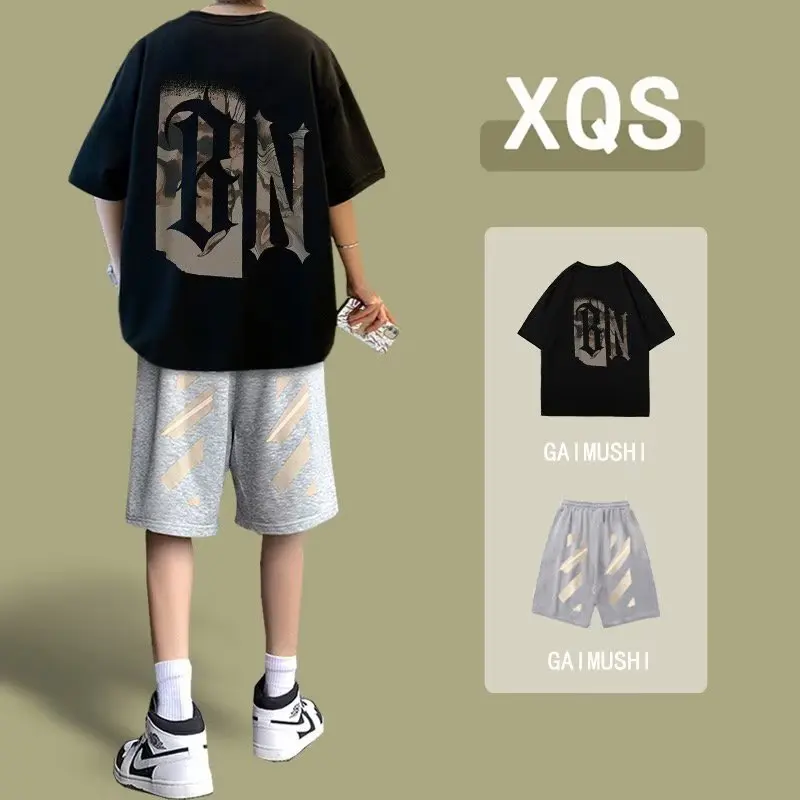 Men's Sports Suit Korean High Street Fashion Cotton T-shirt Shorts Two Piece Set Casual Men's Clothing Graphic Tee Sweatpants