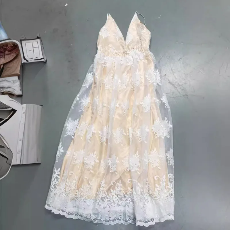 Spring Summer Bridal Wedding Dress Women\'s Lace Mesh Applique Dress Women\'s Sexy V-neck Spaghetti Strap Party Formal Dress