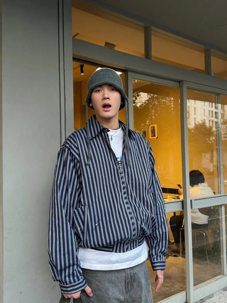 

American Retro Blue Striped Men's Jaet CleanFit High-End Feeling Spring Loose Fit Long Sve Flip Collar Casual Jaet