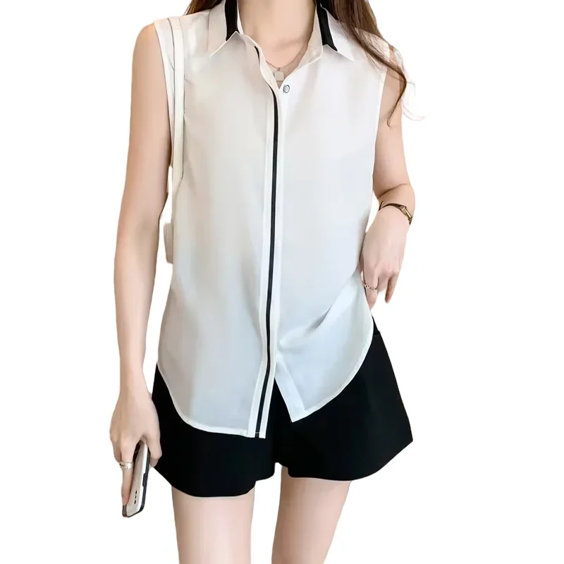 Chiffon Sleeveless Women Shirt New Korea Fashion Comfortable Breathable Casual Lapel Blouses Patchwork Loose Single-breasted Top