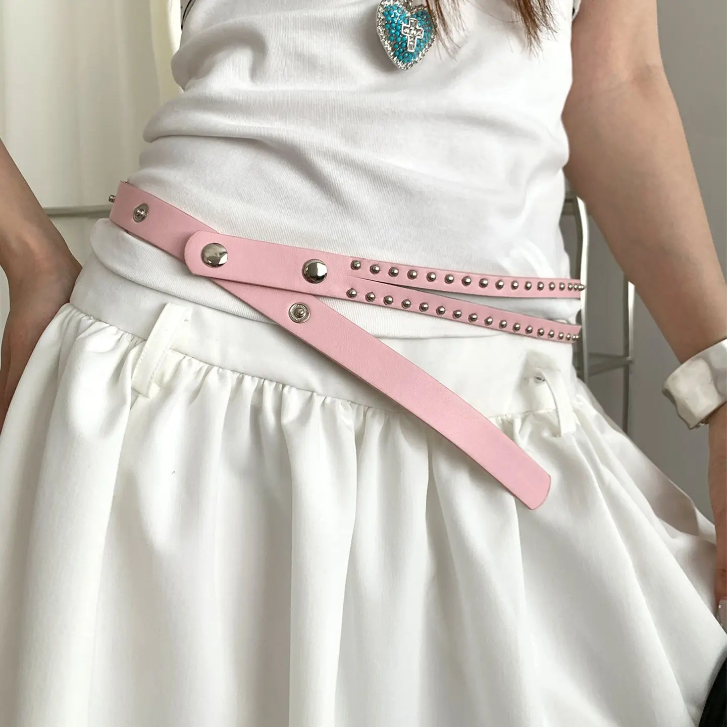 Harajuku Y2K Punk Double Row Metal Nail Thin Waistband Pink And White Double Stripe Decorative Waistband Dress Wearing Belt