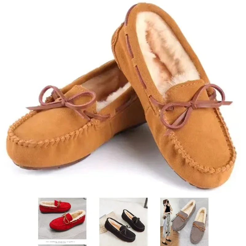 Women Fluffy Fur Flat Loafers Moccasin Shoes Slip-on Comfortable Elegant Fabric Suede Ballet Casual Warm Round Toe Winter 2023