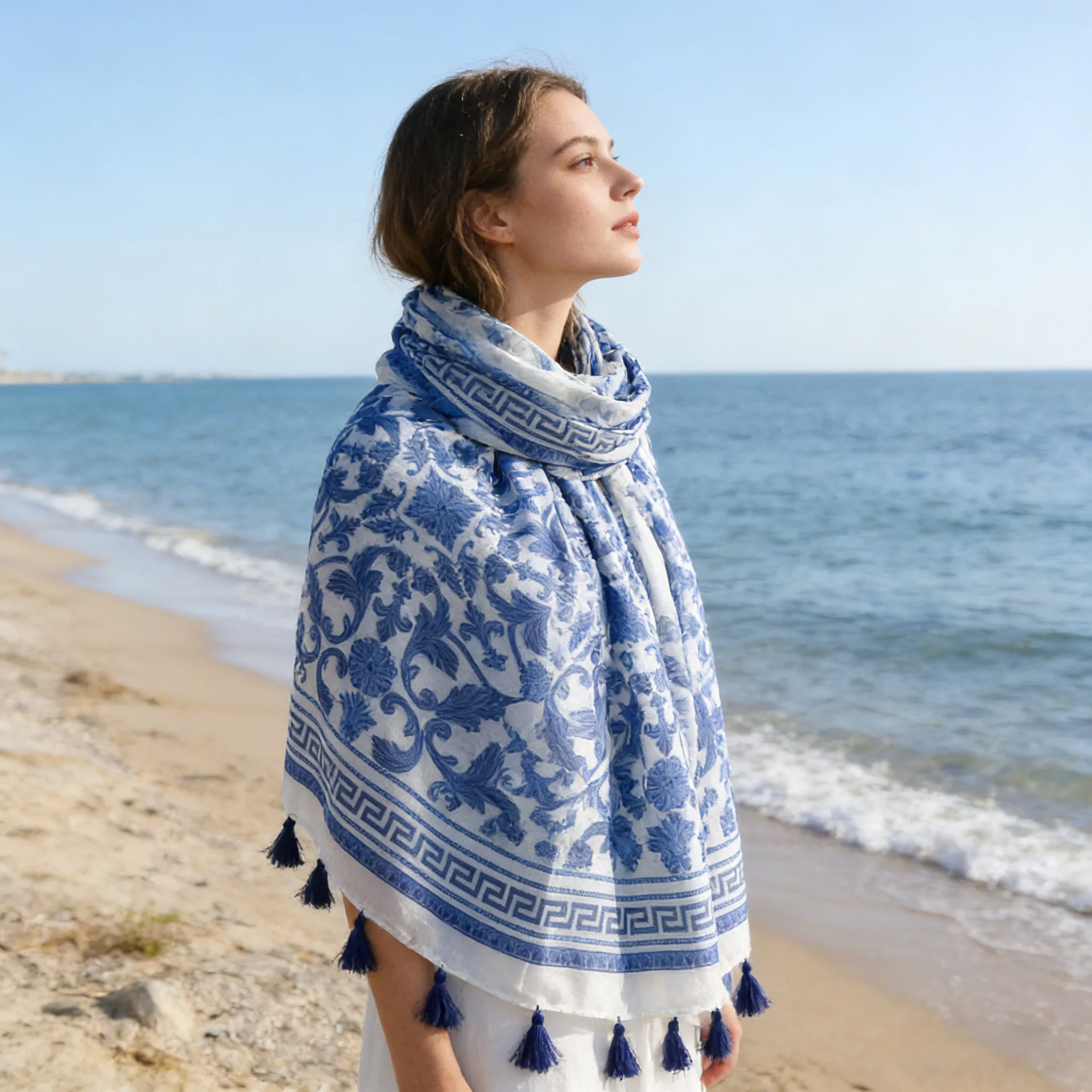 Women's Blue and White Porcelain Pattern Tassel Scarf, Retro Color Block Neck Scarf, Polyester Soft and Skin-Friendly Long Scarf