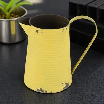 

Retro Tin Iron Kettle Vase Blue Yellow Unique Vintage Home Decor Flower Pot Container Gardening Space