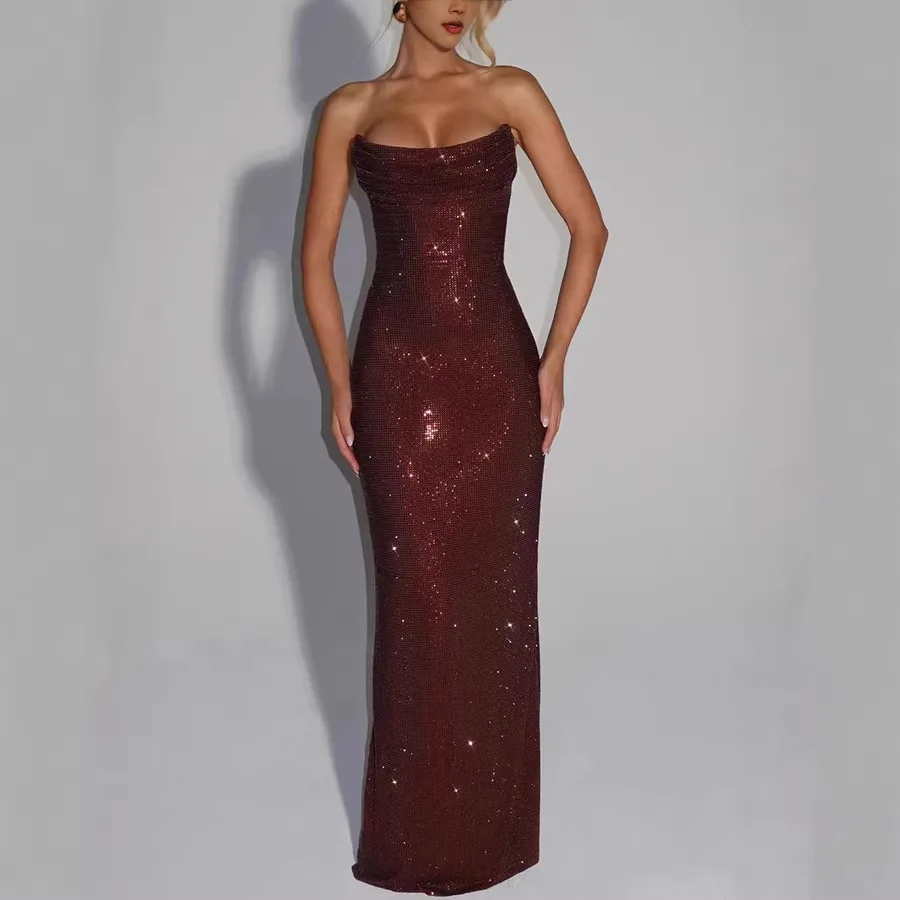 Sexy Socialite Sequin Tube Top Evening Dress Folds Low Cut Backless Leace-up Package Hip Slim Party Dresses Banquet Vestidos