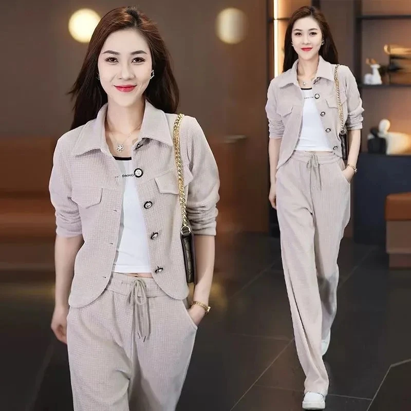 Leisure Fashion Sports Set For Women Spring Autumn Short Jacket Coat + High Waist Wide Leg Pants Two Piece Suit Female Outfits