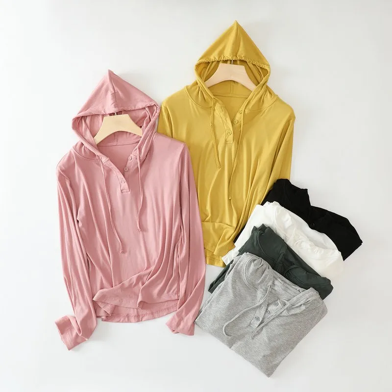 Jesienne ściągacze bawełniane guziki T-shirt z kapturem Długie rękawy Casual Tshirt Jednokolorowe damskie streetwear Tee Tops