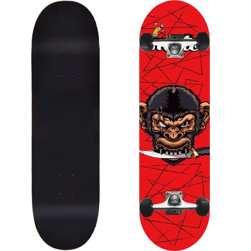 8.5 Inch Maple Double Wishbone Skateboard Set with Red Animal Monkey Pattern and Wheels