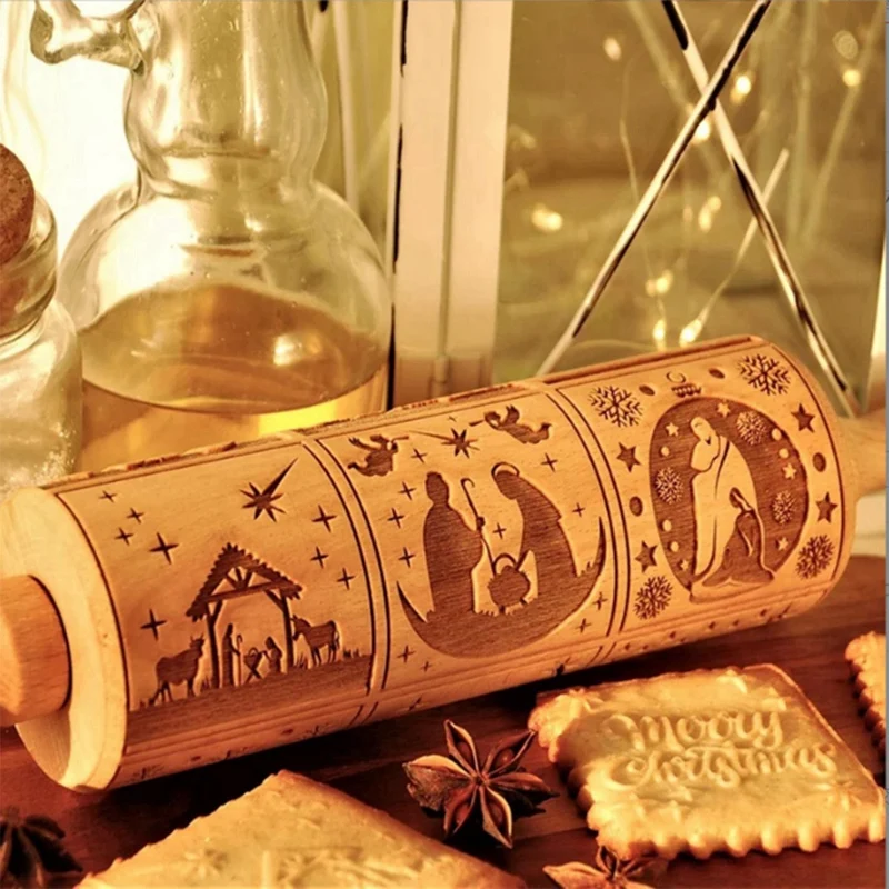 دبوس لف منقوش خشبي لخبز الكوكيز منقوش ، نافذة اوربية ، 9 مشاهد مختلفة