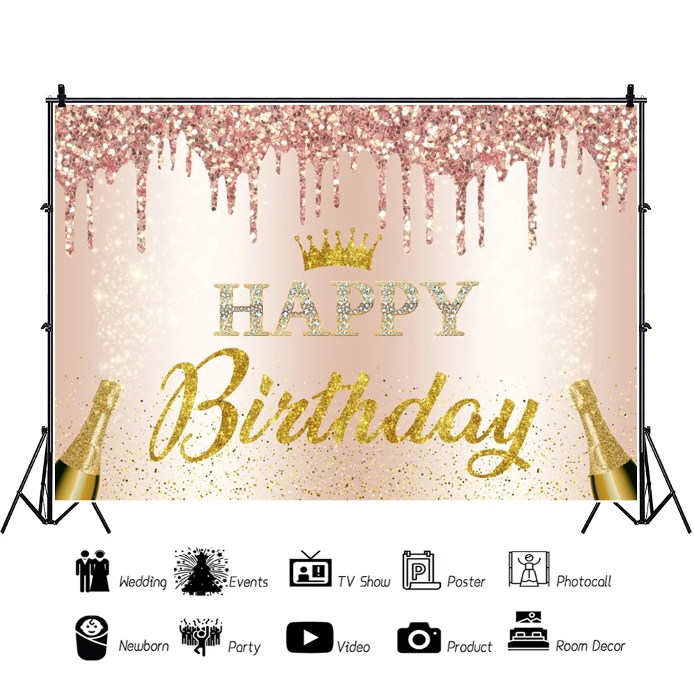 Laeacco Pink Rose Gold Happy Birthday Photography Backdrop Glitter Sparkle Balloon Champagne Women Girl Portrait Custom Backdrop