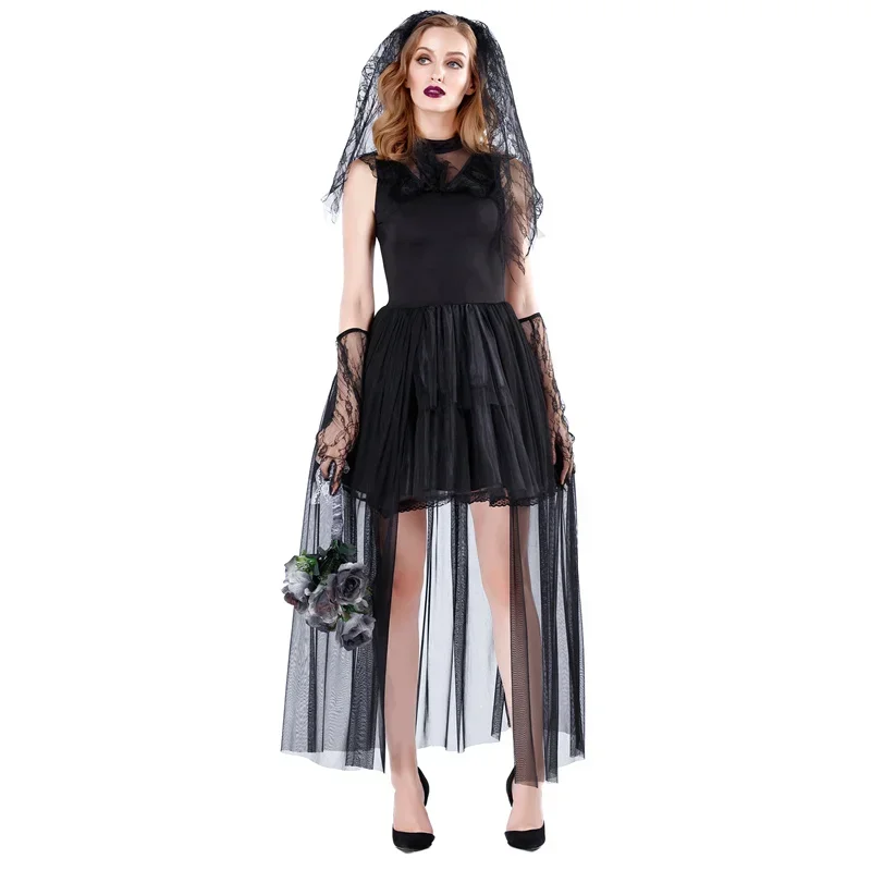 Gótico morto zumbi vampiro cadáver fantasma noiva vestido de renda preta feminino halloween cosplay traje pesadelo assustador fantasia outfit