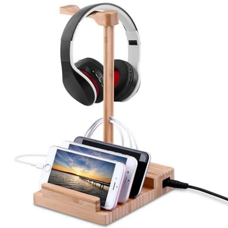 Présentoir pour écouteurs en bois massif, support pour iPhone et iPad, support pour écouteurs perfecemballages, bureau petde charge 3 USB, 3 en 1