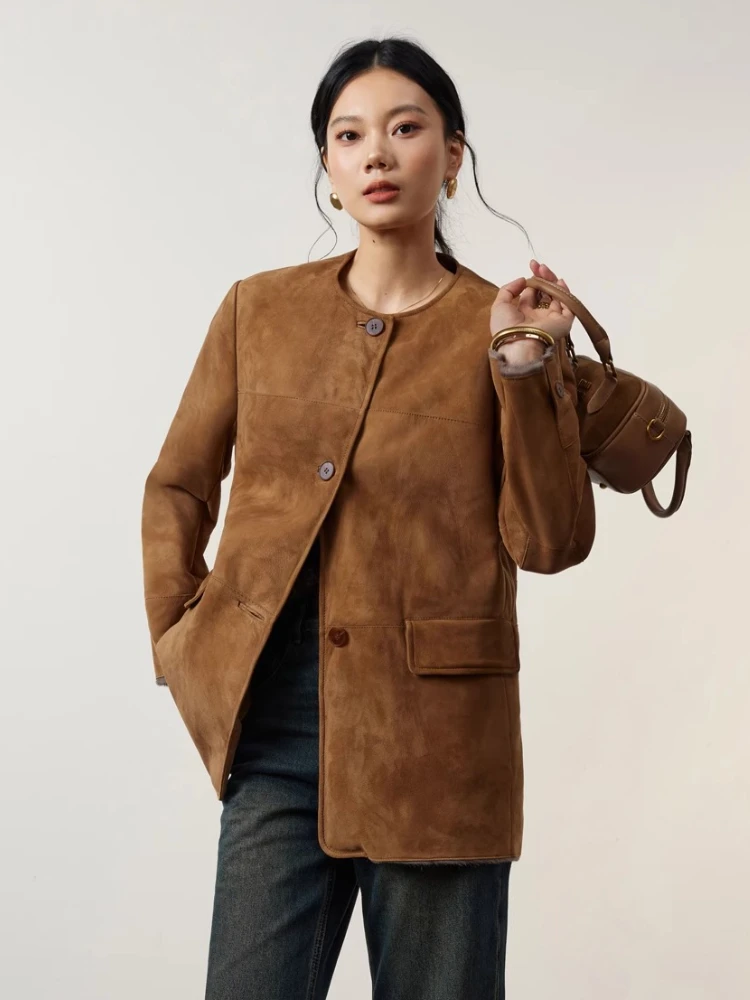 Abrigos de piel de oveja auténtica de lujo de alta gama para mujer, chaqueta de ante de invierno de piel auténtica con cuello redondo y una hilera de botones