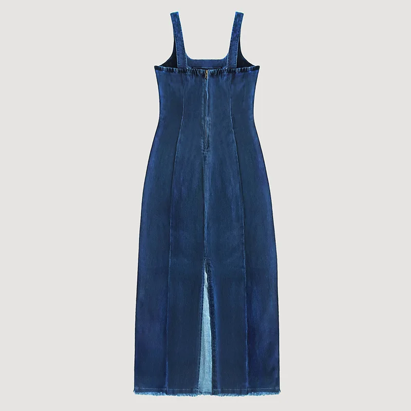 เดรสยีนส์ทรงเข้ารูปสำหรับผู้หญิง สไตล์เซ็กซี่สำหรับฤดูร้อน สีน้ำเงิน ผ้าเดนิมยืด แขนกุด ความยาวปานกลาง เอวยางยืดสูง