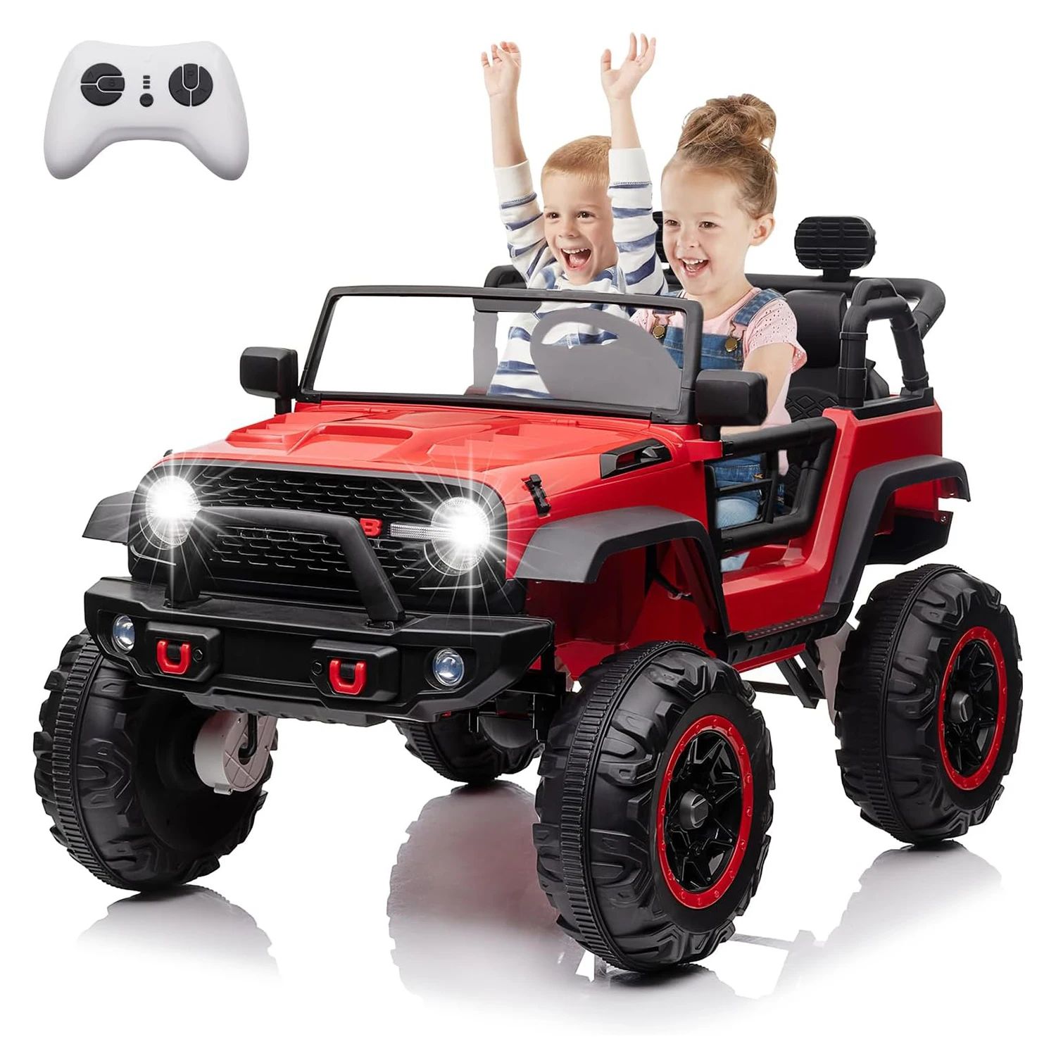 24V 2人乗り子供用電動自動車、最高速度5.5マイル/時、リモコン、アクセルペダル、トレッドタイヤ付きの4輪乗用トラック