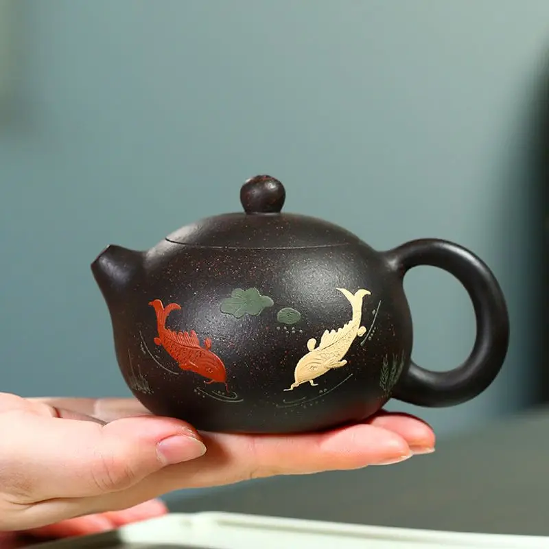 

Черный, фиолетовый глиняный горшок Исин, чайник ручной работы для заваривания рыбы, домашний чайный сервиз кунг-фу
