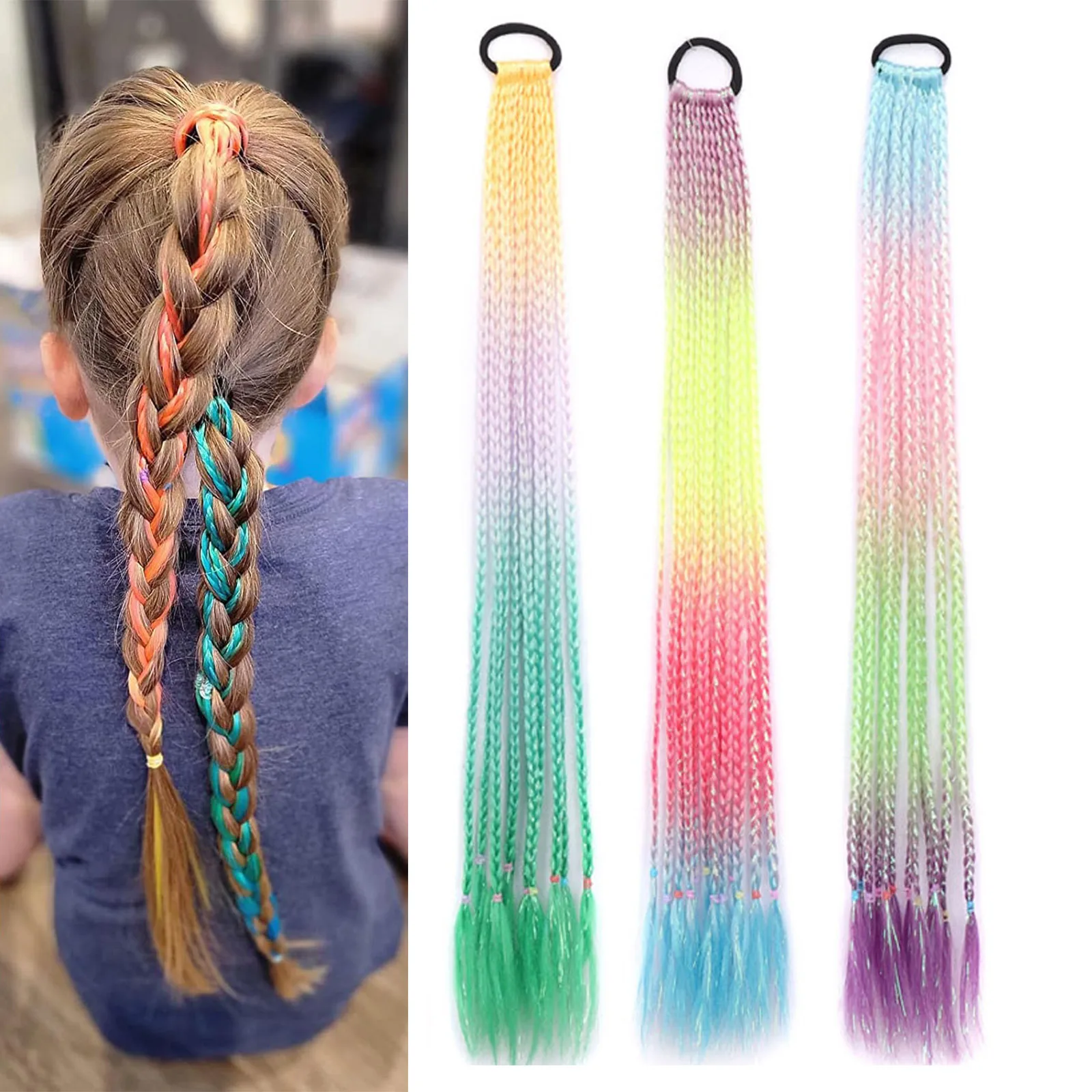 

Synthetic Colored Braids Hair Extensions with Rubber Bands Rainbow Ponytails Braided Colorful Hair for Girls Kids Crazy Hair Day