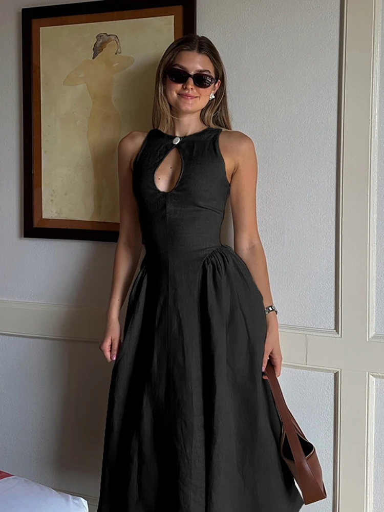 JULISSA MO Sexy Hollow Out A-line Women Maxi Dress Black Sleeveless Single Button Dress Femme Autumn Slim Elegant Party Clubwear