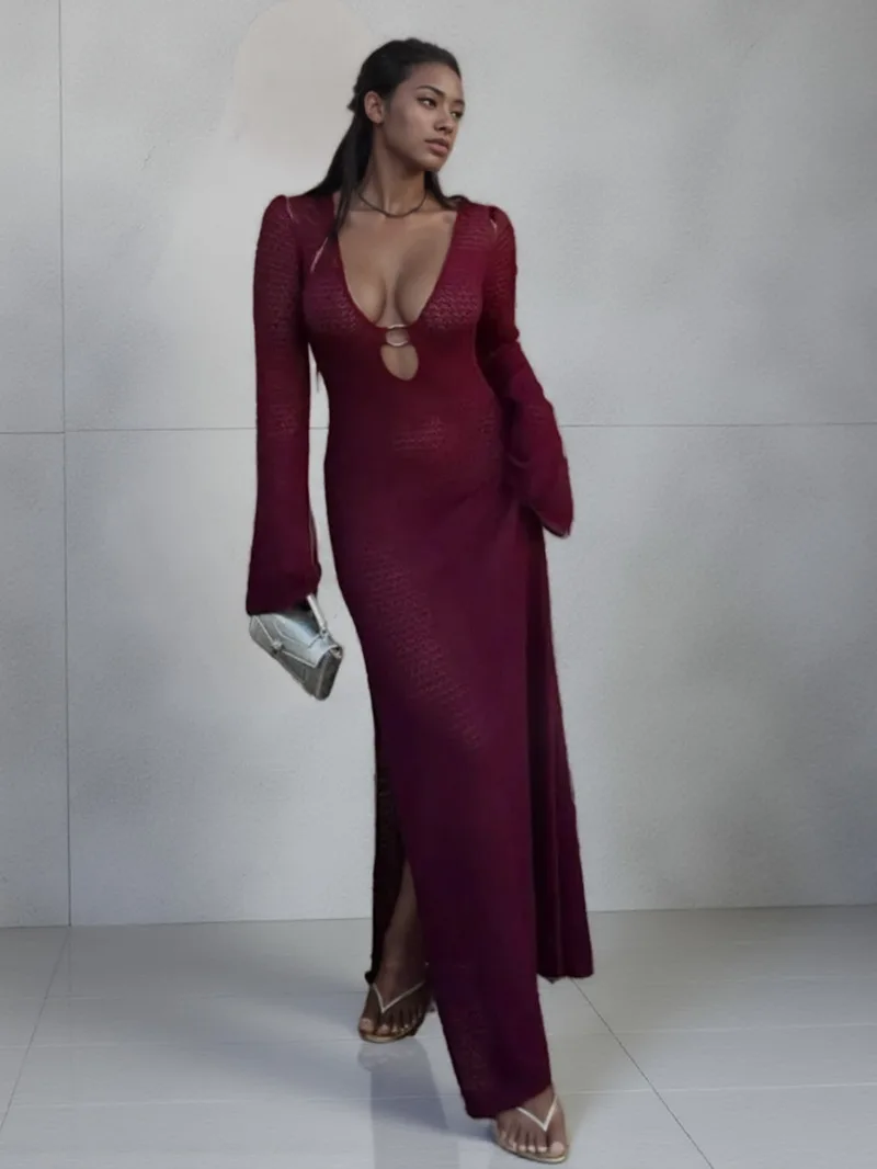 Sexy Metal Ring Splicing Women's V-neck Split Crochet Dress Chic Flared Sleeve Slim Hollow Out Robes Lady Beach Vacation O851