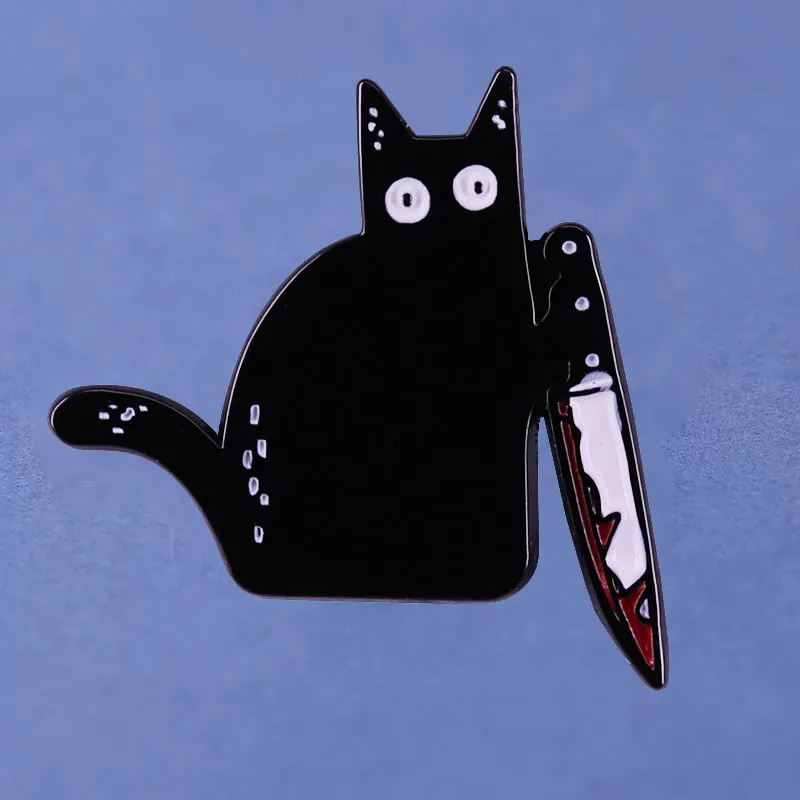 Bloody Knife Killer Black Cat Enamel Pin Gothic Animal Brooch Accessories Unique Lapel Backpack Pins Jewelry