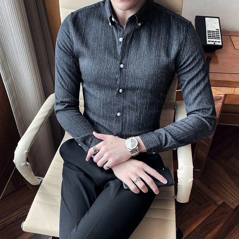 2024 New High Quality Striped Shirts British Style Long Sleeve Slim Casual Shirts Luxury Men Business Social Party Dress Shirt