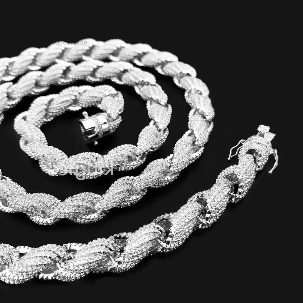 

Size 11mm 925 Sterling Silver 14k White Gold Plated Twisted Men Necklace Moissanite Rope Chain