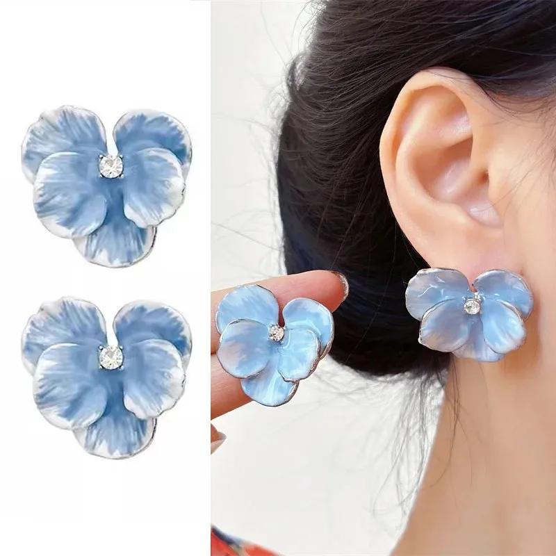 Cute Oil Dropping Blue Flower Earrings for Women Retro Petal Pink Flower Stud Earring Summer Jewelry Fashion Ear Accessories New