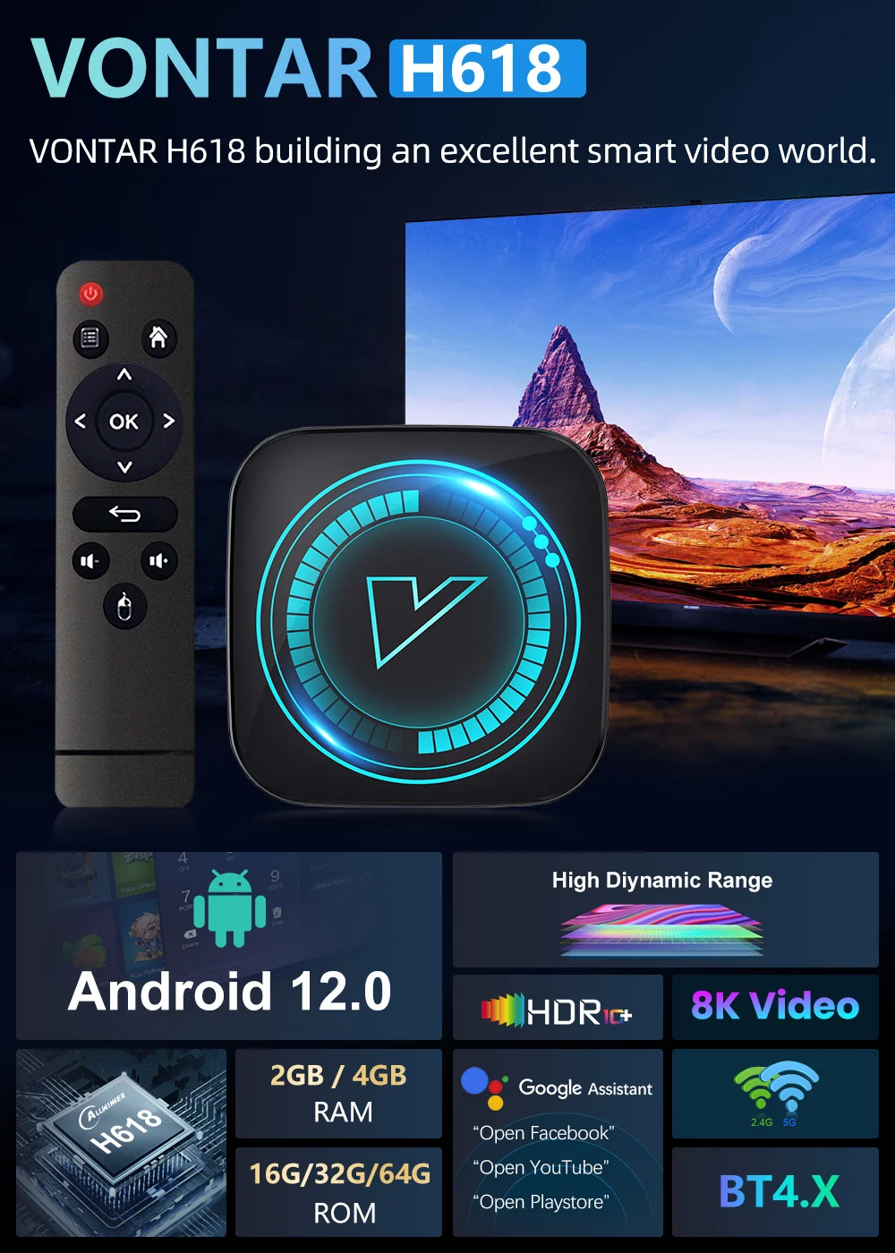 VONTAR H618 TV Box Android 12 Allwinner H618 Quad Core Cortex A53 Support 8K Video 4K HDR10+ BT Wifi Google Voice Media player